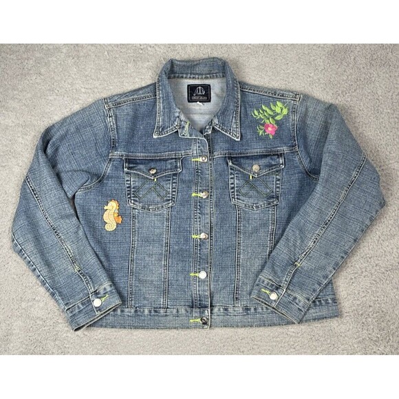 Crest Vintage Womens Jean Jacket with Bird Seahorse Floral Embroidery Size 1X - Picture 1 of 11